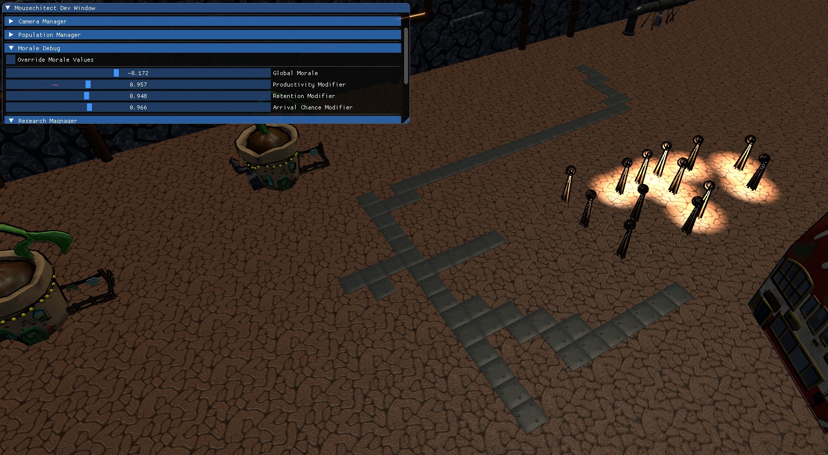Mousechitect morale debug UI showing morale score and modifiers