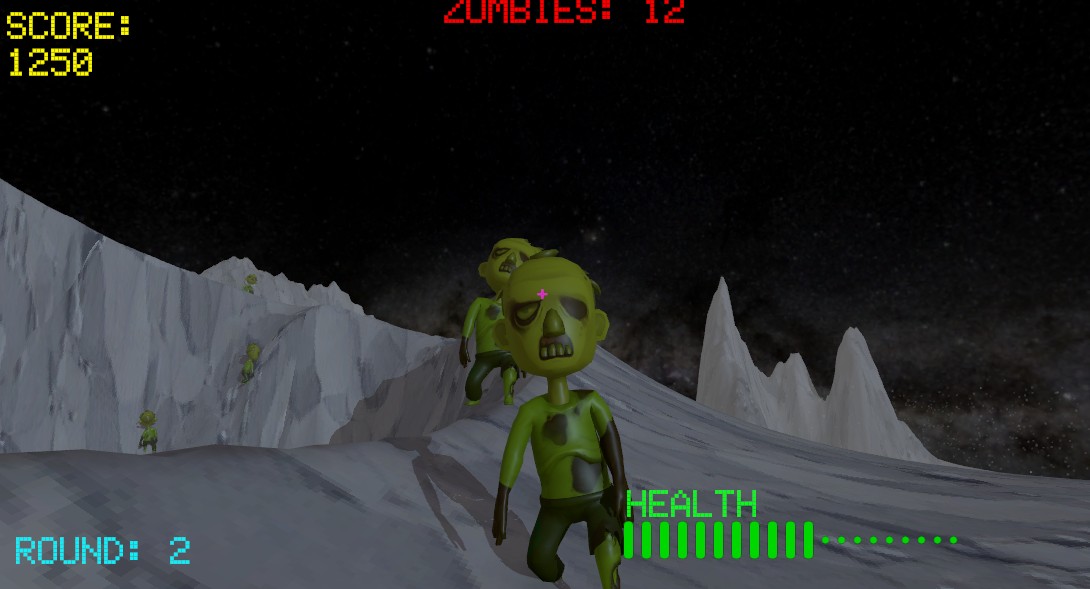 Project AstroRot gameplay showing the player aiming at zombies in the lunar arena
